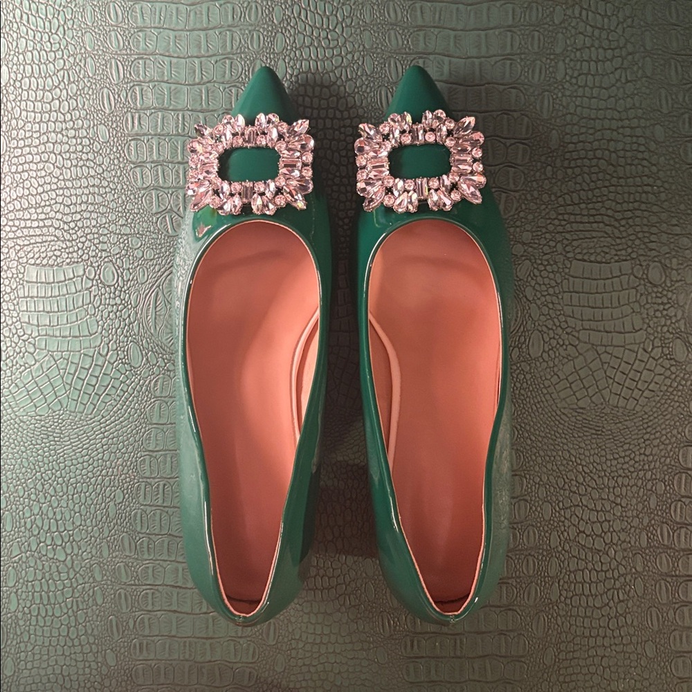 Emerald patent pointed-toe pumps with bejeweled buckle and 55mm block heel